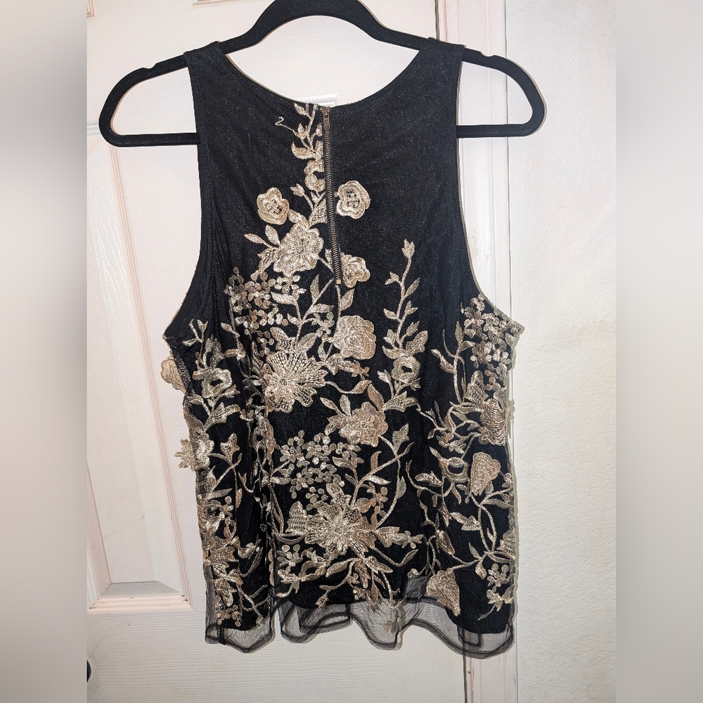 Sunday In Brooklyn Sleeveless Black With Gold Embroidered Roses Blouse - Picture 6 of 6